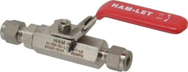 Ham-Let - 1/4" Pipe, Compression x Compression End Connections, Stainless Steel, Inline, Two Way Flow, Instrumentation Ball Valve - 2,000 psi WOG Rating, Locking Lever Handle, Reinforced PTFE Seal, Reinforced PTFE Seat - Industrial Tool & Supply