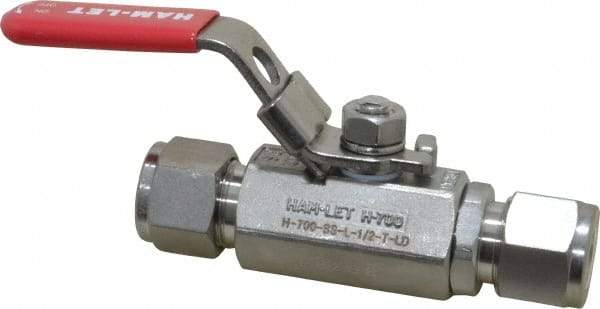 Ham-Let - 1/2" Pipe, Compression x Compression End Connections, Stainless Steel, Inline, Two Way Flow, Instrumentation Ball Valve - 2,000 psi WOG Rating, Locking Lever Handle, Reinforced PTFE Seal, Reinforced PTFE Seat - Industrial Tool & Supply