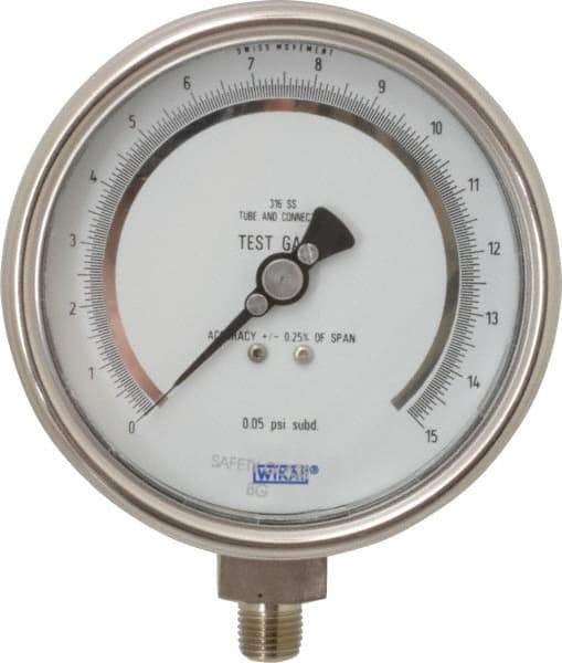 Wika - 4" Dial, 1/4 Thread, 0-15 Scale Range, Pressure Gauge - Lower Connection Mount, Accurate to 0.25% of Scale - Industrial Tool & Supply