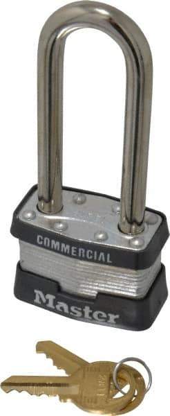 Master Lock - 2-1/2" Shackle Clearance, Keyed Different Padlock - 3/4" Shackle Width, 5/16" Shackle Diam, Laminated Steel - Industrial Tool & Supply