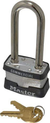 Master Lock - 2-1/2" Shackle Clearance, Keyed Different Padlock - 3/4" Shackle Width, 5/16" Shackle Diam, Laminated Steel - Industrial Tool & Supply