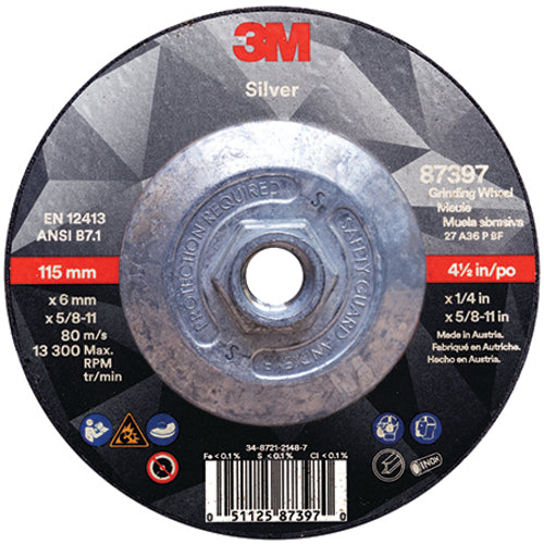‎3M Silver Depressed Center Grinding Wheel 87397 T27 Quick Change 4.5″ × 1/4″ × 5/8-11 - Industrial Tool & Supply