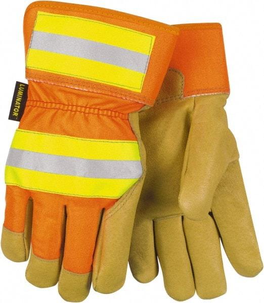 MCR Safety - Size M Pigskin General Protection Work Gloves - For General Purpose, Uncoated, Safety Cuff, Tan/Hi-Vis Orange, Paired - Industrial Tool & Supply