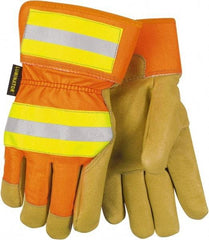MCR Safety - Size L Leather General Protection Work Gloves - For General Purpose, Uncoated, Safety Cuff, Tan/Hi-Vis Orange, Paired - Industrial Tool & Supply