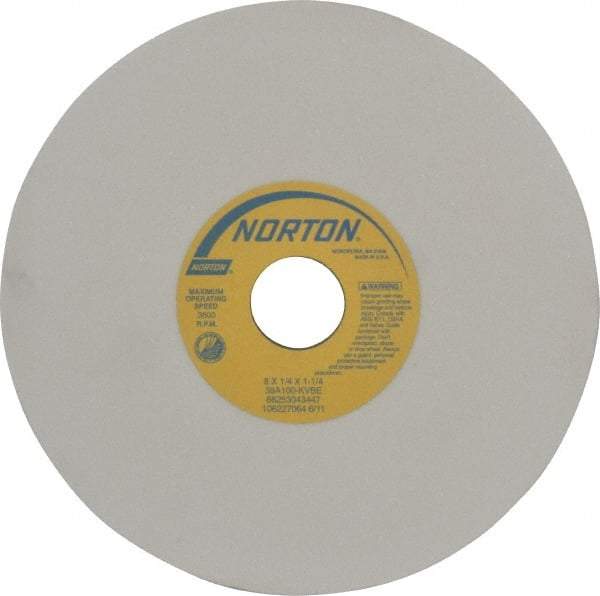 Norton - 8" Diam x 1-1/4" Hole x 1/4" Thick, K Hardness, 100 Grit Surface Grinding Wheel - Aluminum Oxide, Type 1, Fine Grade, 3,600 Max RPM, Vitrified Bond, No Recess - Industrial Tool & Supply