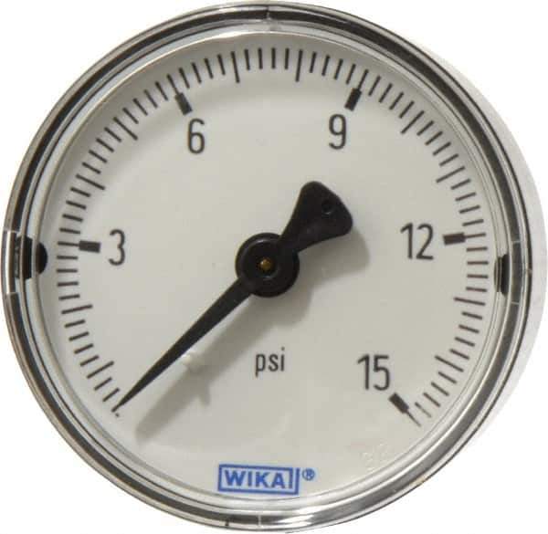 Wika - 2" Dial, 1/4 Thread, 0-15 Scale Range, Pressure Gauge - Center Back Connection Mount, Accurate to 3-2-3% of Scale - Industrial Tool & Supply