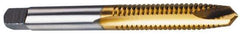 Hertel - M6x0.75 Metric Fine, 2 Flute, TiN Finish, High Speed Steel Spiral Point Tap - Plug Chamfer, Right Hand Thread, 2-1/2" OAL, 1" Thread Length, 0.255" Shank Diam - Exact Industrial Supply