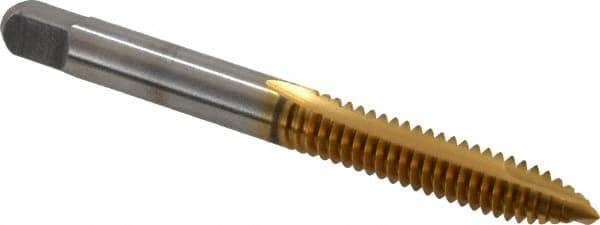 Kennametal - 1/4-20 UNC, 2 Flute, TiN Finish, High Speed Steel Spiral Point Tap - Plug Chamfer, Right Hand Thread, 2-1/2" OAL, 1" Thread Length, 0.255" Shank Diam, 3B Class of Fit - Exact Industrial Supply