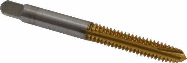 Kennametal - 1/4-20 UNC, 3 Flute, TiN Finish, High Speed Steel Spiral Point Tap - Plug Chamfer, Right Hand Thread, 2-1/2" OAL, 1" Thread Length, 0.255" Shank Diam, 2B Class of Fit - Exact Industrial Supply