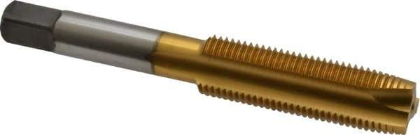 Kennametal - 1/2-20 UNF, 3 Flute, TiN Finish, High Speed Steel Spiral Point Tap - Plug Chamfer, Right Hand Thread, 3.38" OAL, 1.656" Thread Length, 0.367" Shank Diam, 3B Class of Fit - Exact Industrial Supply