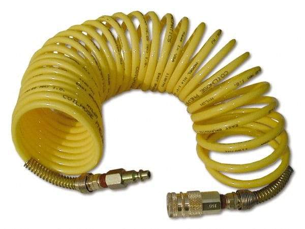 Coilhose Pneumatics - 3/8" ID, 3/8 Thread, 12' Long, Yellow Nylon Coiled & Self Storing Hose - 165 Max psi, Industrial Interchange Coupler x Male Swivel - Industrial Tool & Supply
