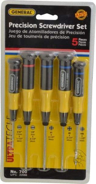 General - 5 Piece Phillips & Slotted Screwdriver Set - Electrician Shank, Plastic Handle, Blade Sizes: Length 1-1/2 & 2-1/2, Bit Sizes: Philips #00 to #1, Tip Thickness: 3/32 & 1/8 - Industrial Tool & Supply