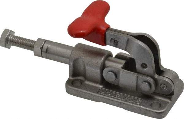 De-Sta-Co - 630 Lb Load Capacity, Flanged Base, Stainless Steel, Standard Straight Line Action Clamp - 4 Mounting Holes, 0.22" Mounting Hole Diam, 0.39" Plunger Diam, T-Handle Handle - Industrial Tool & Supply
