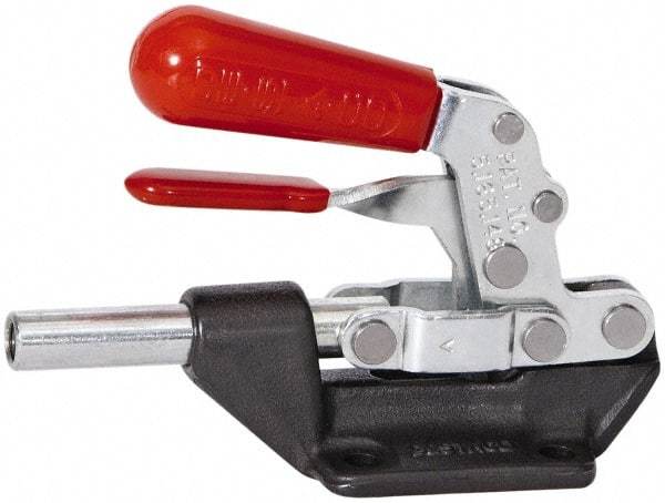 De-Sta-Co - 600 Lb Load Capacity, Flanged Base, Carbon Steel, Standard Straight Line Action Clamp - 4 Mounting Holes, 0.27" Mounting Hole Diam, 0.44" Plunger Diam, Straight Handle - Industrial Tool & Supply