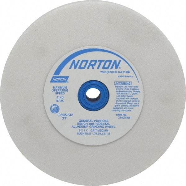 Norton - 60 Grit Aluminum Oxide Bench & Pedestal Grinding Wheel - 6" Diam x 1" Hole x 1" Thick, 4140 Max RPM, J Hardness, Medium Grade , Vitrified Bond - Industrial Tool & Supply