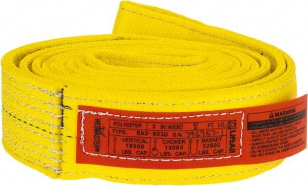 Lift-All - 8' Long x 3" Wide, 16,300 Lb Vertical Capacity, 2 Ply, Polyester Web Sling - 13,000 Lb Choker Capacity, Yellow - Industrial Tool & Supply