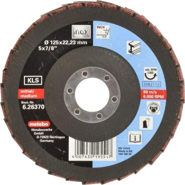 Metabo - 120 Grit, 5" Disc Diam, 7/8" Center Hole, Type 27 Aluminum Oxide Flap Disc - 12,200 Max RPM, Nylon Backing, Coated & Non-Woven Combo - Industrial Tool & Supply