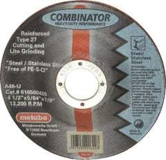 Metabo - 4-1/2" Zirconia Alumina Cutoff Wheel - 5/64" Thick, 7/8" Arbor, Use with Angle Grinders - Industrial Tool & Supply