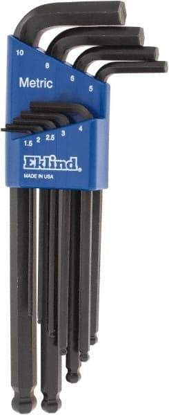 Eklind - 9 Piece L-Key Ball End Hex Key Set - Hex Range 1.5 to 10mm - Industrial Tool & Supply