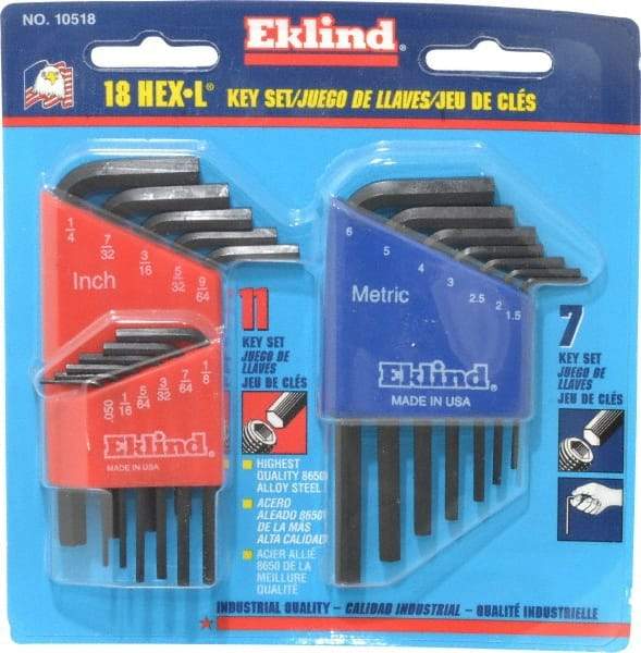 Eklind - 18 Piece L-Key Hex Key Set - Hex Range 0.05 to 1/4" - Industrial Tool & Supply