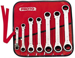 Proto - 7 Piece, 7mm to 21mm, 6, 12 Point Ratcheting Box Wrench Set - Metric Measurement Standard, Chrome Finish, Comes in Pouch - Industrial Tool & Supply