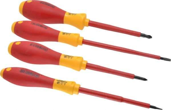 Wiha - 4 Piece Phillips & Slotted Screwdriver Set - Round Shank, Insulated Handle, Bit Sizes: Philips #1 & #2, Tip Thickness: 3/16 & 9/16 - Industrial Tool & Supply