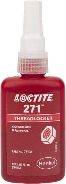 Loctite - 50 mL Bottle, Red, High Strength Liquid Threadlocker - Series 271, 24 hr Full Cure Time, Hand Tool, Heat Removal - Industrial Tool & Supply