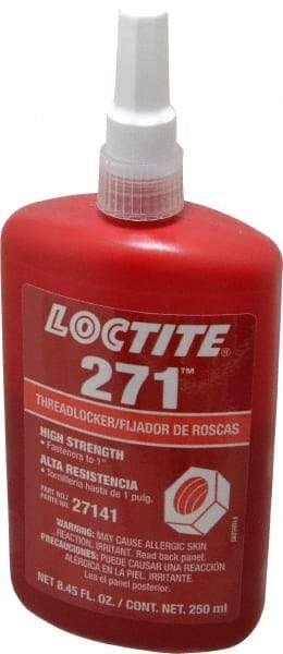 Loctite - 250 mL Bottle, Red, High Strength Liquid Threadlocker - Series 271, 24 hr Full Cure Time, Hand Tool, Heat Removal - Industrial Tool & Supply