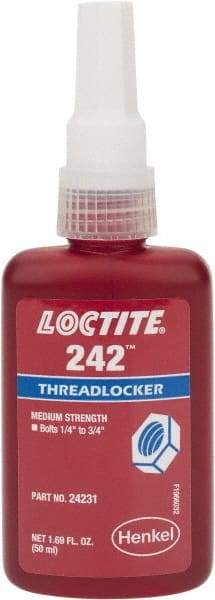 Loctite - 50 mL Bottle, Blue, Medium Strength Liquid Threadlocker - Series 242, 24 hr Full Cure Time, Hand Tool, Heat Removal - Industrial Tool & Supply