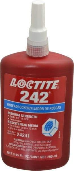 Loctite - 250 mL Bottle, Blue, Medium Strength Liquid Threadlocker - Series 242, 24 hr Full Cure Time, Hand Tool, Heat Removal - Industrial Tool & Supply