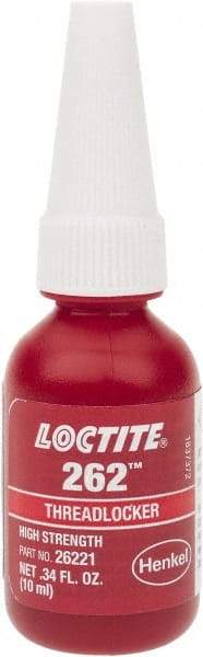 Loctite - 10 mL Bottle, Red, High Strength Liquid Threadlocker - Series 262, 24 hr Full Cure Time, Hand Tool, Heat Removal - Industrial Tool & Supply