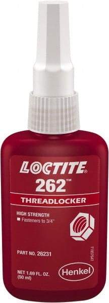 Loctite - 50 mL Bottle, Red, High Strength Liquid Threadlocker - Series 262, 24 hr Full Cure Time, Hand Tool, Heat Removal - Industrial Tool & Supply