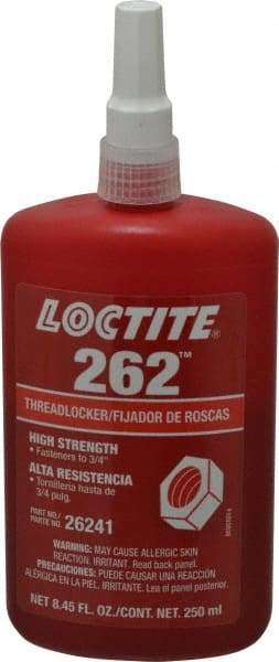 Loctite - 250 mL Bottle, Red, High Strength Liquid Threadlocker - Series 262, 24 hr Full Cure Time, Hand Tool, Heat Removal - Industrial Tool & Supply