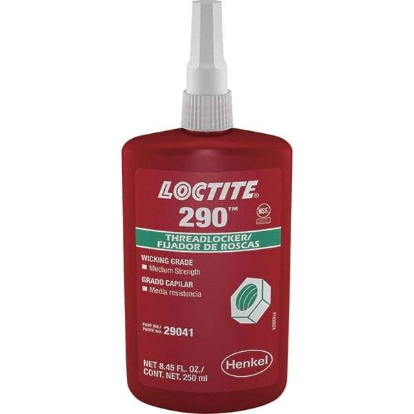 Loctite - 250 mL Bottle, Green, Medium Strength Liquid Threadlocker - Series 290, 24 hr Full Cure Time, Hand Tool, Heat Removal - Industrial Tool & Supply