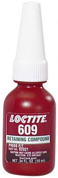 Loctite - 10 mL Bottle, Green, Medium Strength Liquid Retaining Compound - Series 609, 24 hr Full Cure Time, Heat Removal - Industrial Tool & Supply