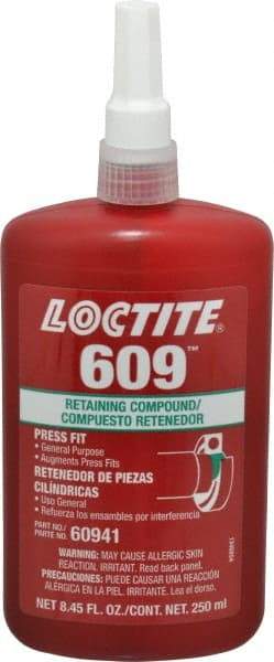 Loctite - 250 mL Bottle, Green, Medium Strength Liquid Retaining Compound - Series 609, 24 hr Full Cure Time, Heat Removal - Industrial Tool & Supply