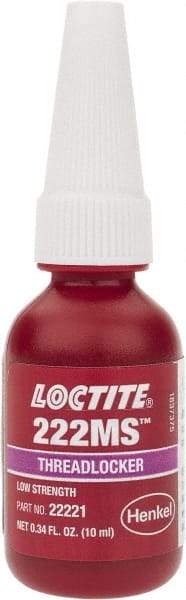 Loctite - 10 mL Bottle, Purple, Low Strength Liquid Threadlocker - Series 222MS, 24 hr Full Cure Time, Hand Tool Removal - Industrial Tool & Supply