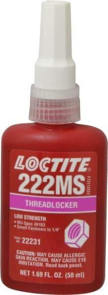 Loctite - 50 mL Bottle, Purple, Low Strength Liquid Threadlocker - Series 222MS, 24 hr Full Cure Time, Hand Tool, Heat Removal - Industrial Tool & Supply