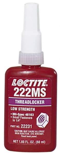 Loctite - 250 mL Bottle, Purple, Low Strength Liquid Threadlocker - Series 222MS, 24 hr Full Cure Time, Hand Tool, Heat Removal - Industrial Tool & Supply