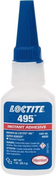 Loctite - 1 oz Bottle Clear Instant Adhesive - Series 495, 20 sec Fixture Time, 24 hr Full Cure Time, Bonds to Metal, Plastic & Rubber - Industrial Tool & Supply