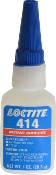 Loctite - 1 oz Bottle Clear Instant Adhesive - Series 414, 20 sec Fixture Time, 24 hr Full Cure Time, Bonds to Metal, Plastic & Rubber - Industrial Tool & Supply