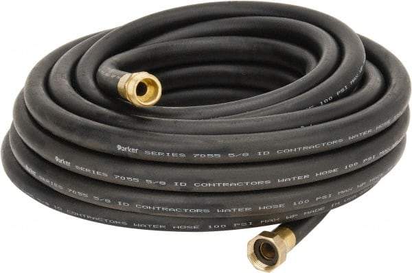 Parker - 50' Long Contractor Hose - 5/8" Diam, 3/4" GHT, Rubber, 100 psi, Black - Industrial Tool & Supply