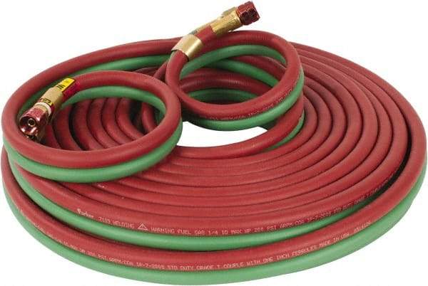 Parker - 1/4" Inside x 17/32" Outside Diam, Grade T Welding Hose - Green & Red, 50' Long, Twin Style, 200 psi Working Pressure - Industrial Tool & Supply