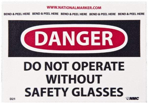 NMC - Accident Prevention Label, Header: DANGER - Legend: Danger - Do Not Operate without Safety Glasses, English, Red, Black & White, 5" Long x 3" High, Sign Muscle Finish - Industrial Tool & Supply