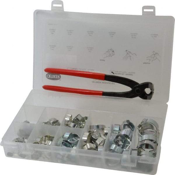 Oetiker - 124 Piece, 5/16 to 1" Diam, 2-Ear Service Clamp Kit - 123 Clamps & 1 Zinc Plated Side Jaw Pincers - Industrial Tool & Supply