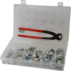 Oetiker - 124 Piece, 5/16 to 1" Diam, 2-Ear Service Clamp Kit - 123 Clamps & 1 Zinc Plated Side Jaw Pincers - Industrial Tool & Supply