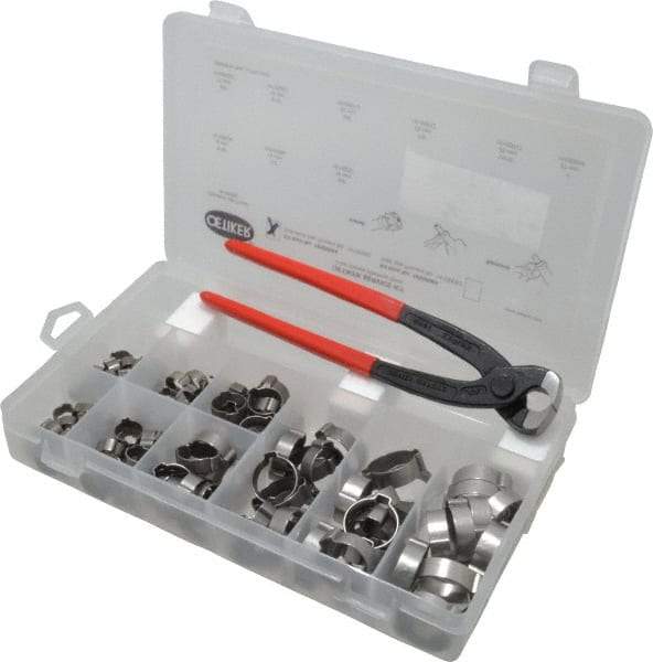 Oetiker - 124 Piece, 5/16 to 1" Diam, 2-Ear Service Clamp Kit - 123 Clamps & 1 Stainless Steel Standard Jaw Pincer - Industrial Tool & Supply