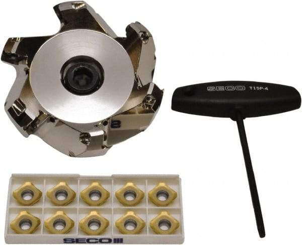 Seco - 3.7" Cut Diam, 1" Arbor Hole, 0.236" Max Depth of Cut, 45° Indexable Chamfer & Angle Face Mill - 6 Inserts, SE.X 43 Insert, Right Hand Cut, 6 Flutes, Through Coolant, Series R220.53 - Industrial Tool & Supply