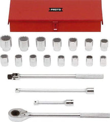 Proto - 19 Piece 3/4" Drive Chrome Finish Socket Set - 12 Points, 24mm to 46mm Range, Metric Measurement Standard - Industrial Tool & Supply