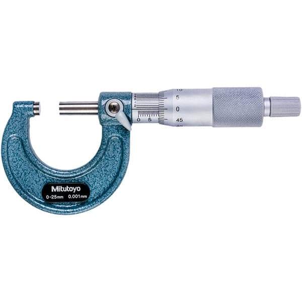 Mitutoyo - 0 to 25mm Range, 0.001mm Graduation, Mechanical Outside Micrometer - Ratchet Stop Thimble, 28mm Throat Depth, Accurate to 0.001mm - Industrial Tool & Supply